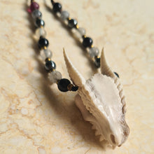 Load image into Gallery viewer, Dragon Skull Necklace with Obsidian, Smokey Quartz and Hematite Beads