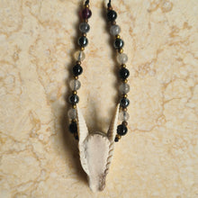 Load image into Gallery viewer, Dragon Skull Necklace with Obsidian, Smokey Quartz and Hematite Beads
