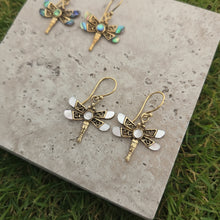 Load image into Gallery viewer, Mini Golden Pearl Dragonfly Earrings by FeatherTribe