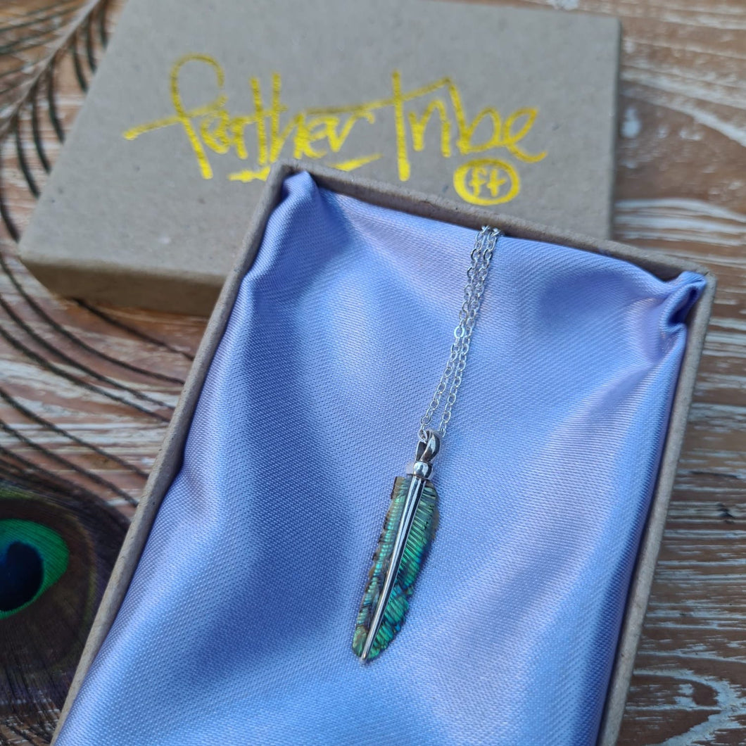 Ultra Mini Abalone Flight Feather Necklace with Silver or Brass Spine