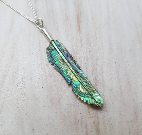 Super Mini Abalone Flight Feather Necklace with Silver or Brass Bail - FeatherTribe