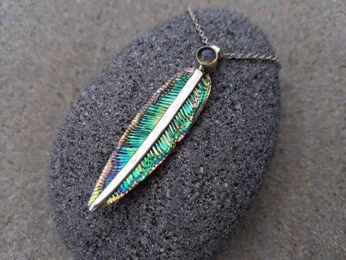 Blue Avian Feather Necklace with Moonstone - FeatherTribe