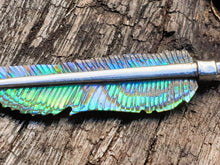 Load image into Gallery viewer, Super Mini Abalone Flight Feather Necklace with Silver or Brass Spine - FeatherTribe