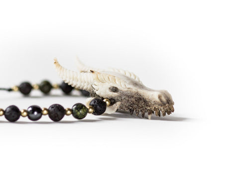 Dragon Skull Necklace with Lava Stone, Serpentine and Hematite Beads - FeatherTribe