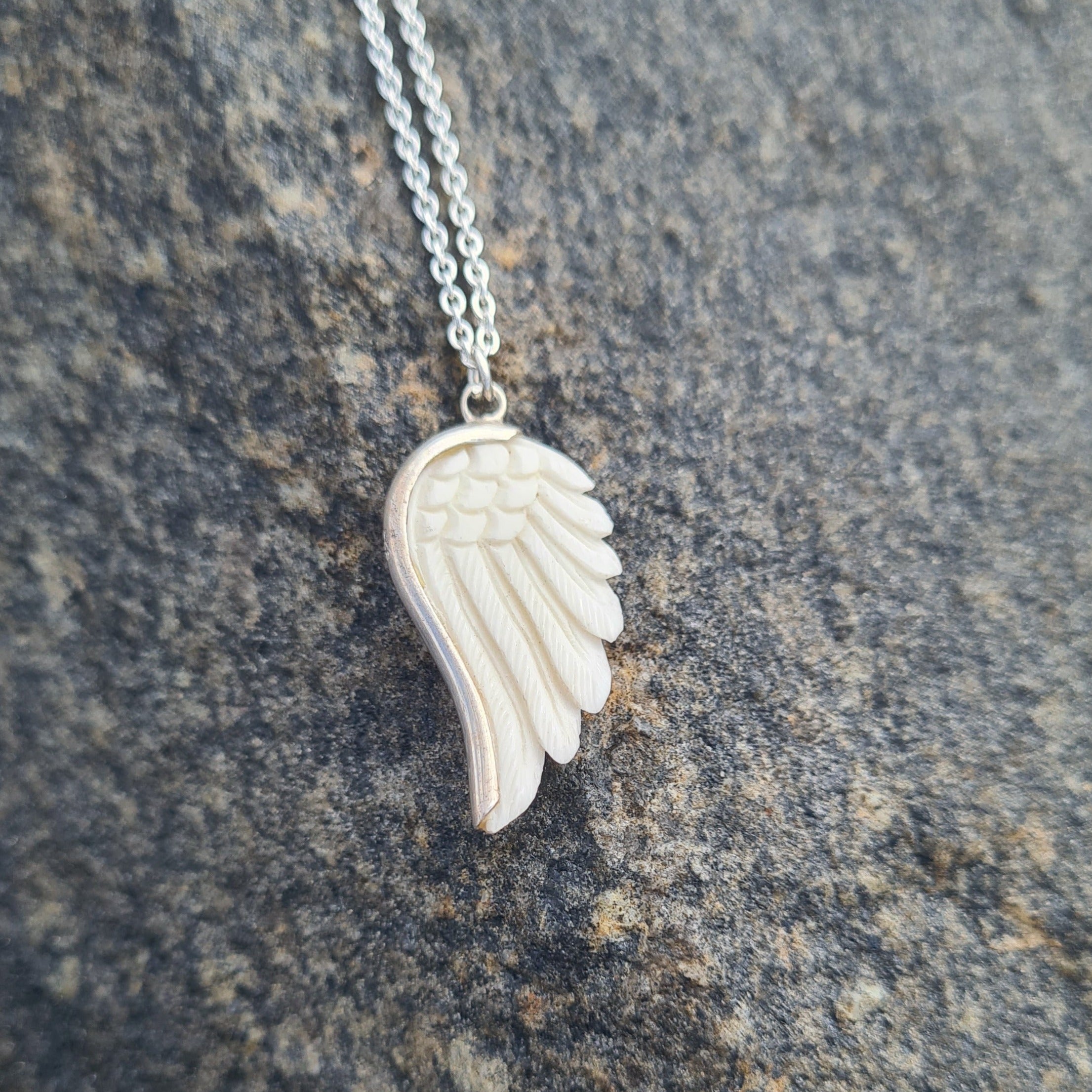 Mini Angel Wing Necklace - Bone Silver - Feather Tribe