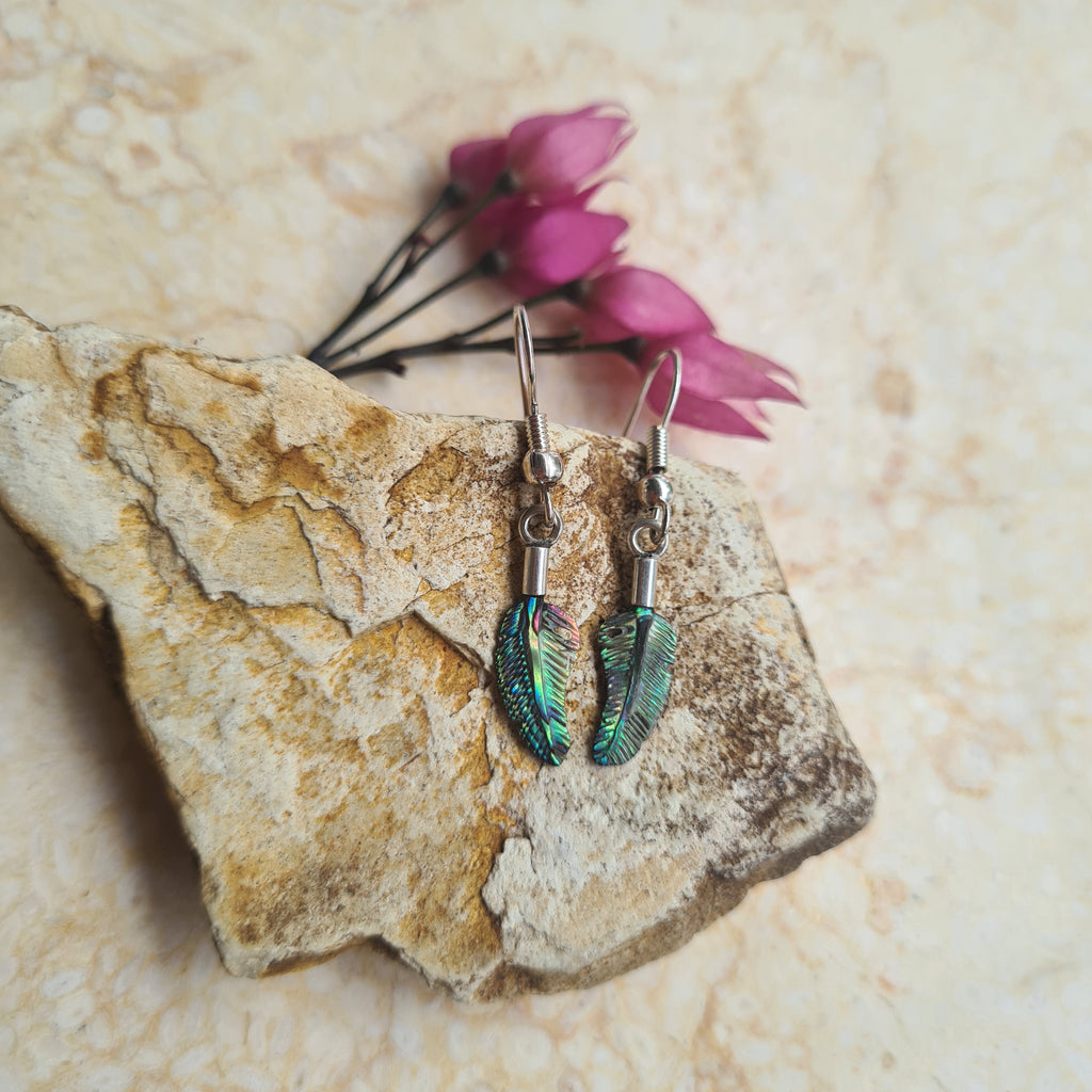 Abalone Feather Earrings by Feather Tribe