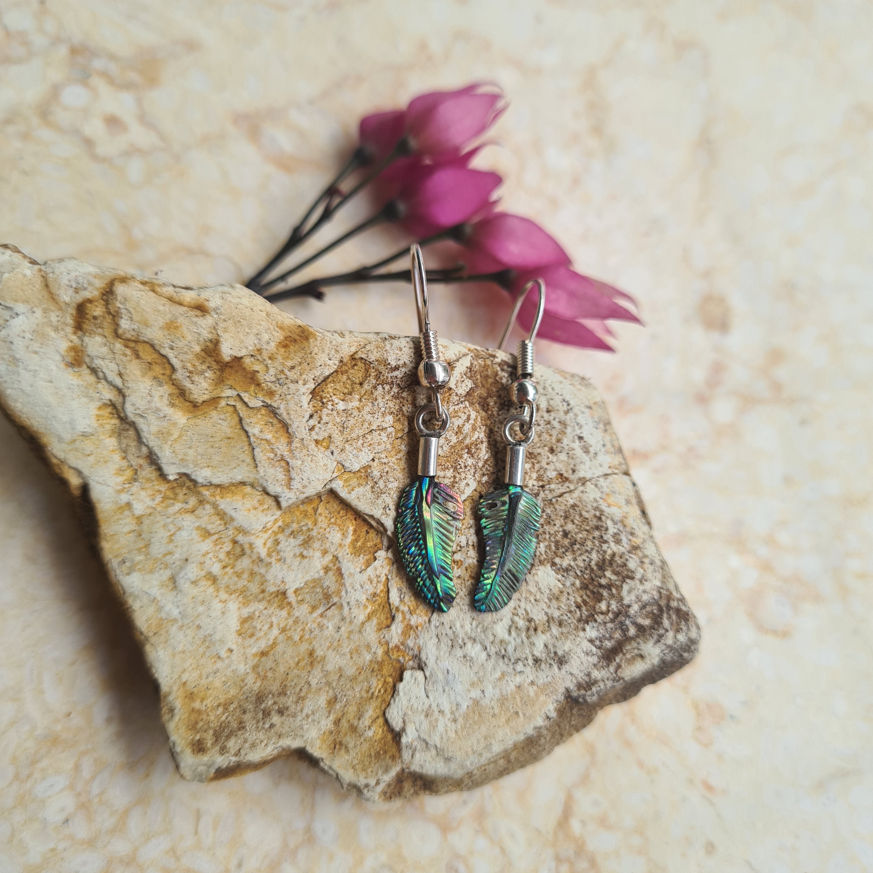Abalone Feather Earrings by Feather Tribe