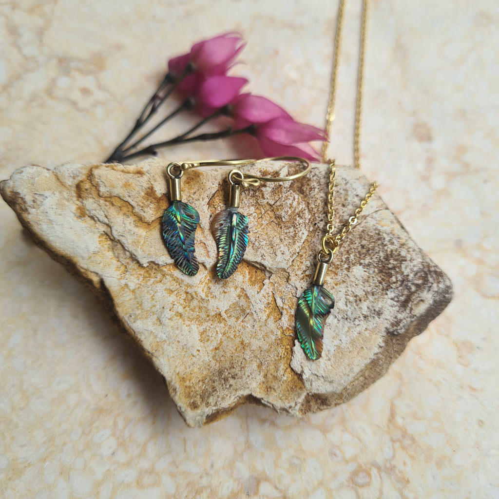 Abalone Feather Earrings and Necklace by Feather Tribe