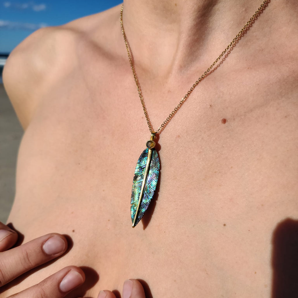 Blue Avian Feather Necklace with Moonstone - FeatherTribe