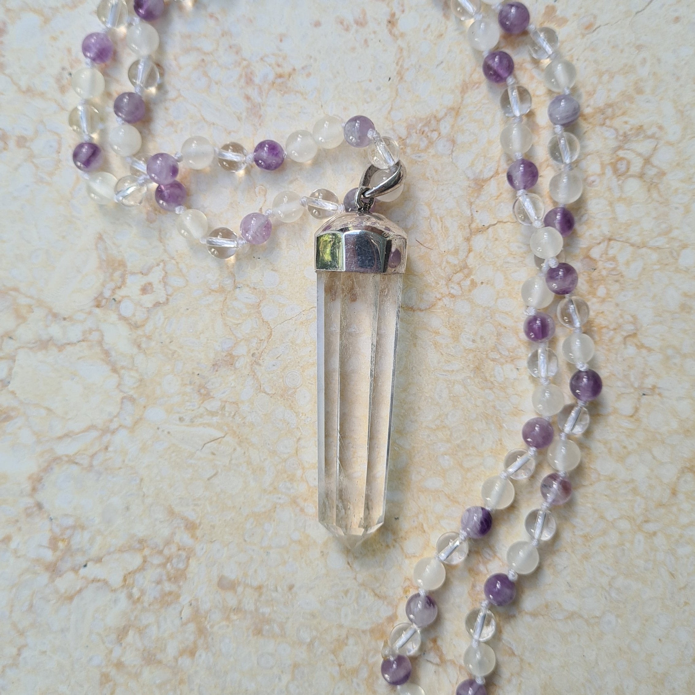 CrystalPointNecklace with Amethyst and Clear Quartz Beads