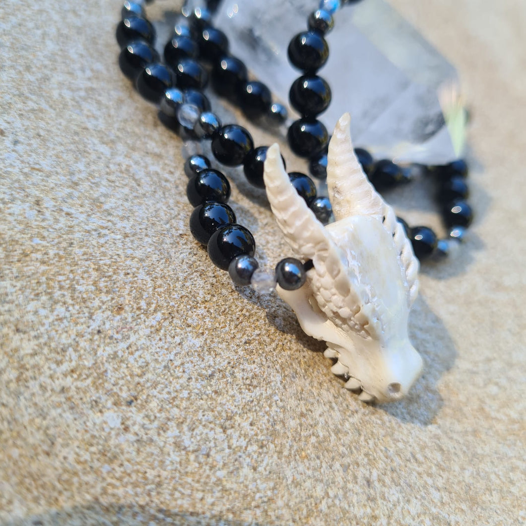 Dragon Skull Necklace with Black Onyx, Labradorite and Hematite Beads