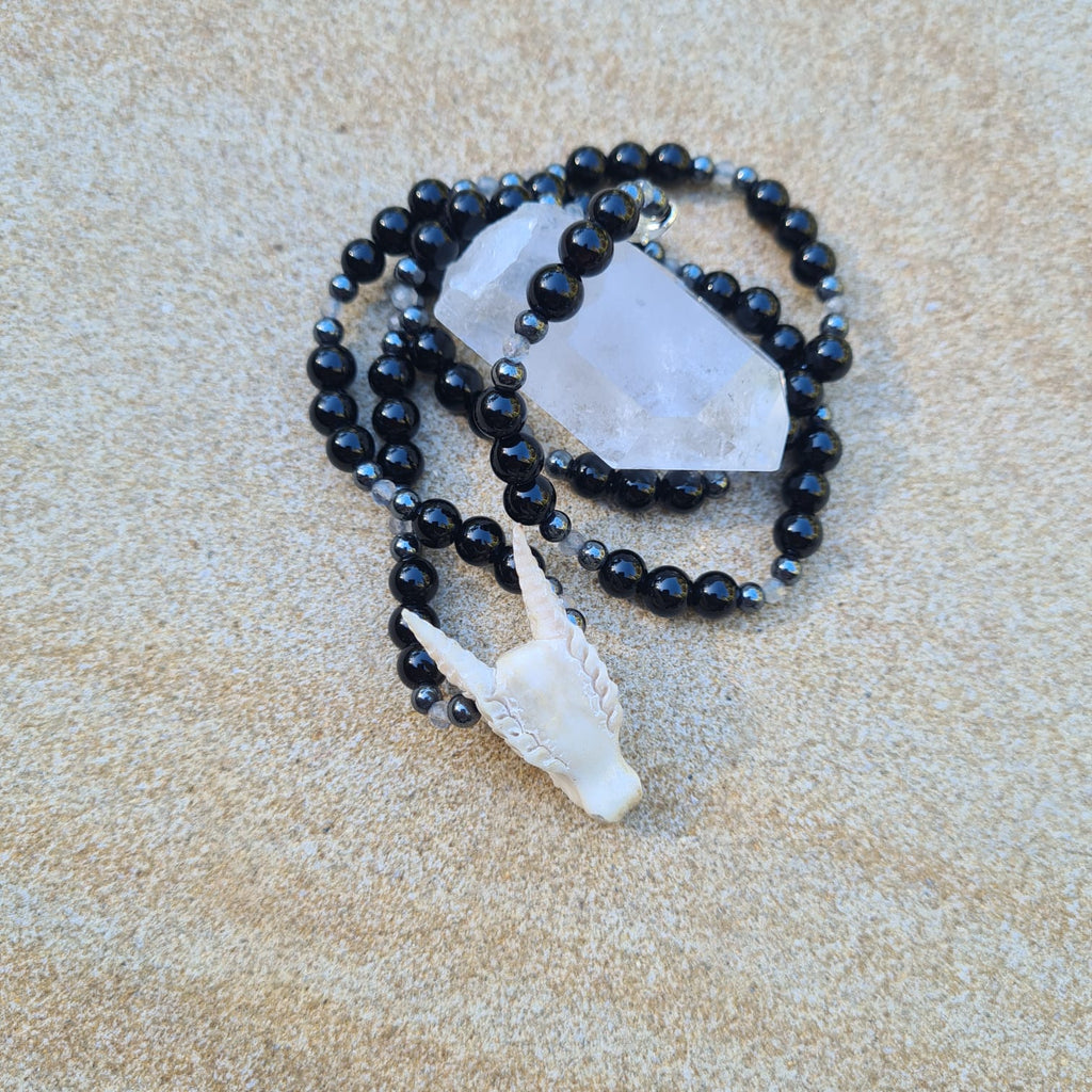 Dragon Skull Necklace with Black Onyx, Labradorite and Hematite Beads - FeatherTribe