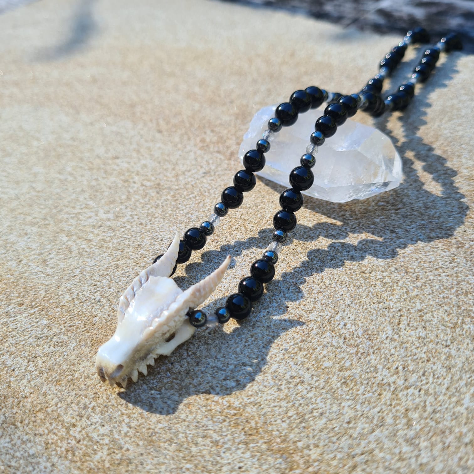 Dragon Skull Necklace with Black Onyx, Labradorite and Hematite Beads - FeatherTribe