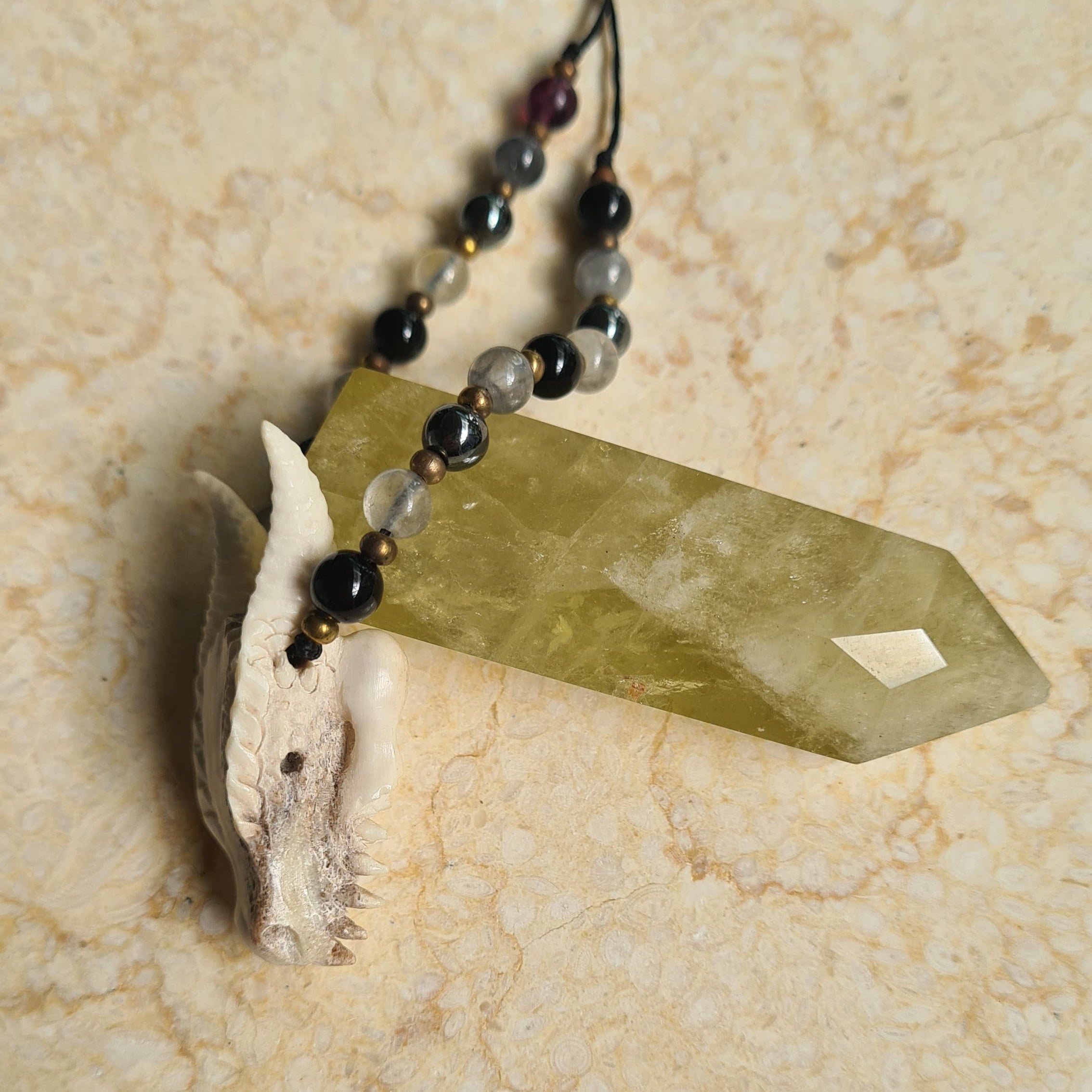 Dragon Skull Necklace with Obsidian, Smokey Quartz and Hematite Beads