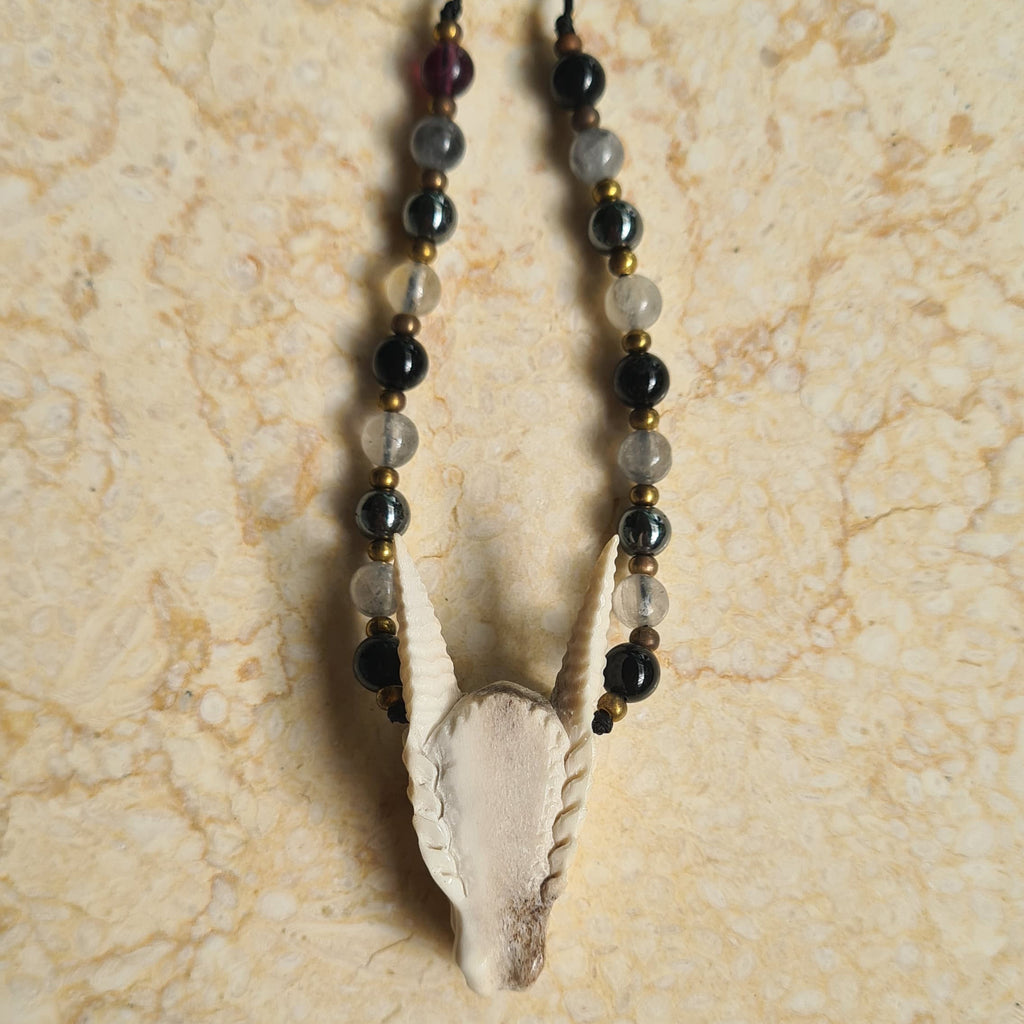 Dragon Skull Necklace with Obsidian, Smokey Quartz and Hematite Beads