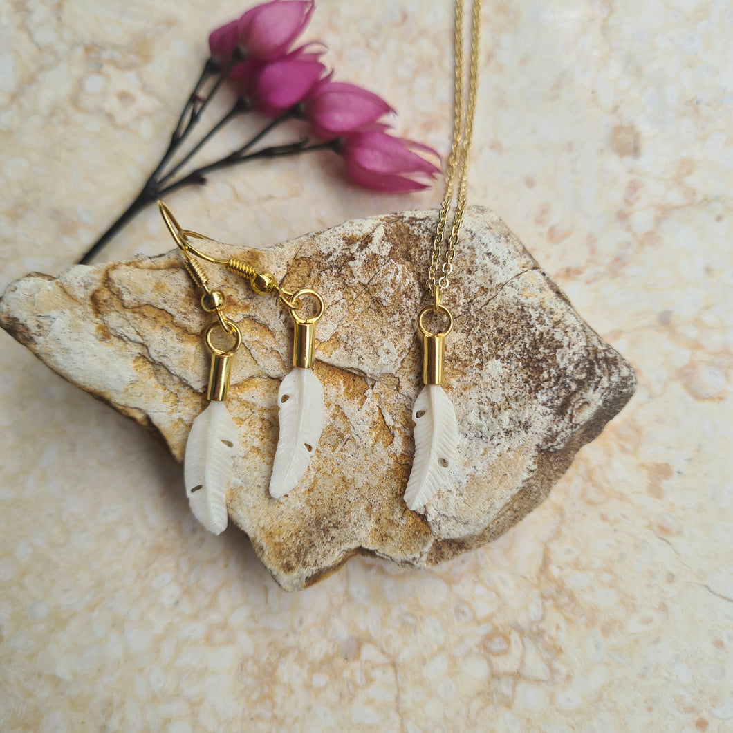 Elegant Bone Feather Necklace and Earrings by Feather Tribe