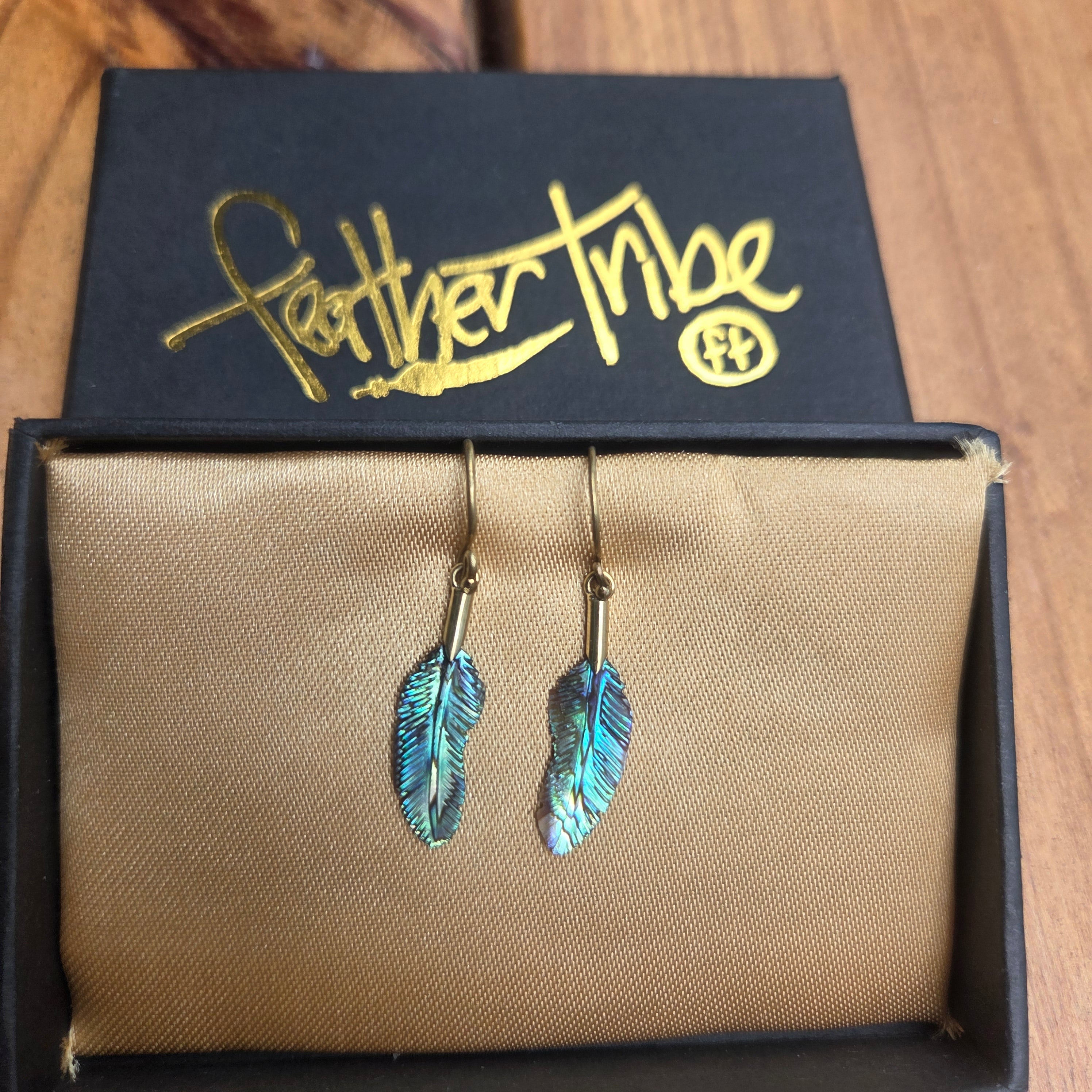 Extra Small Abalone Flight Feather Earrings Brass