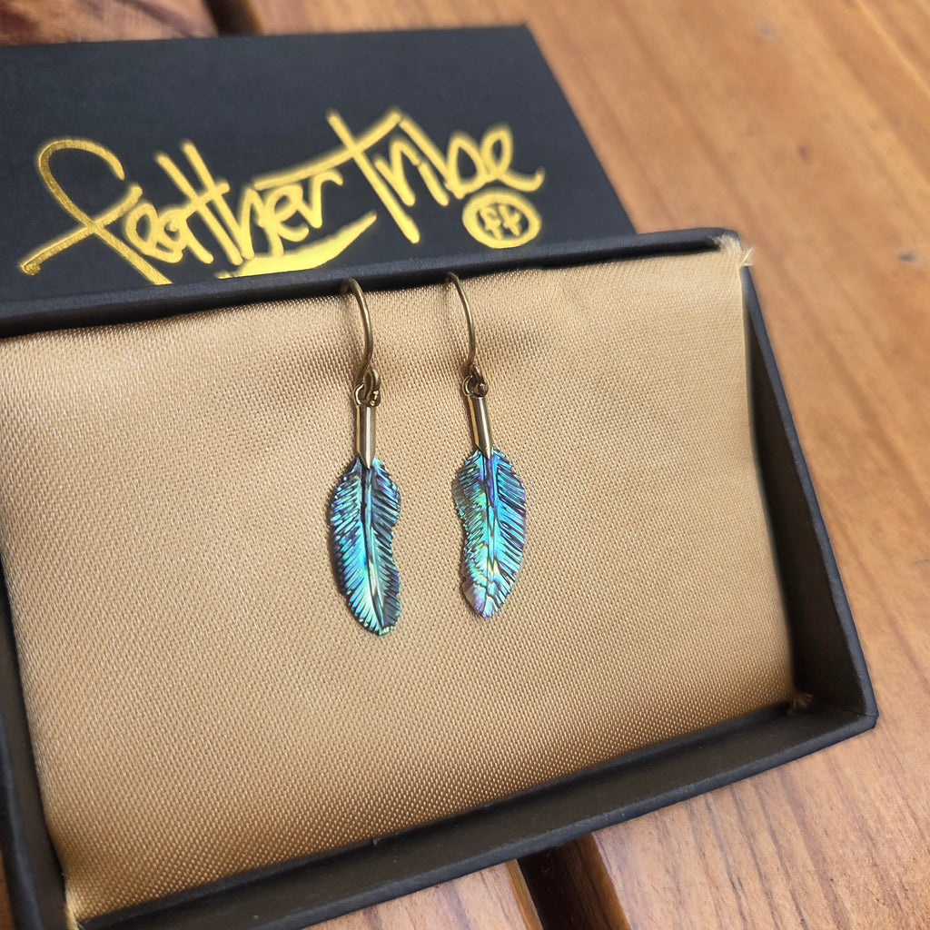 Extra Small Abalone Flight Feather Earrings Brass