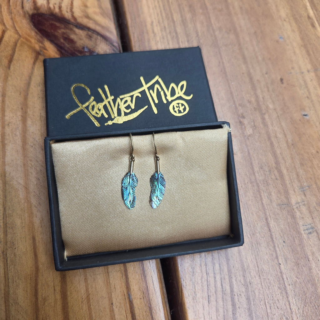 Extra Small Abalone Flight Feather Earrings Brass