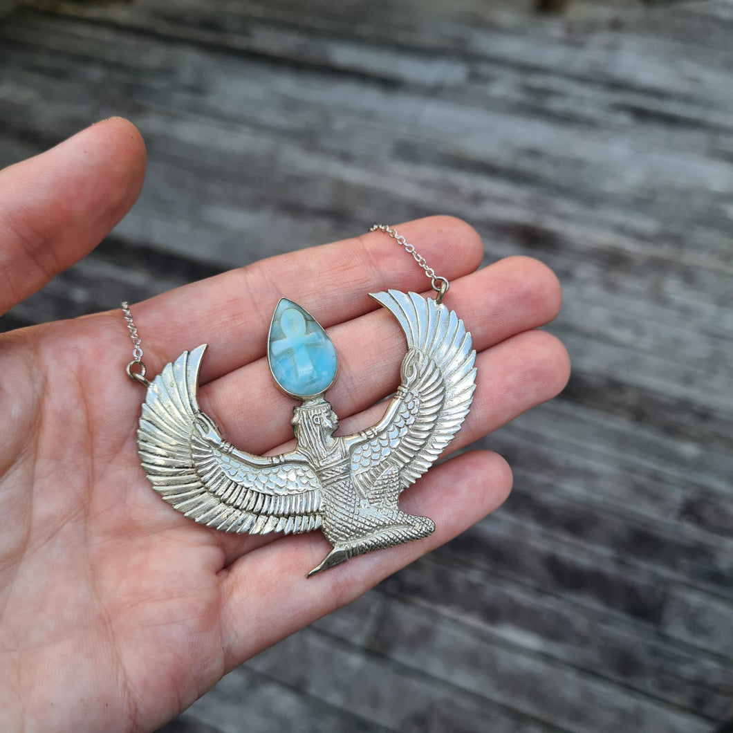 Premium Medium Pure Silver Dipped Isis Goddess Necklace with Larimar - FeatherTribe