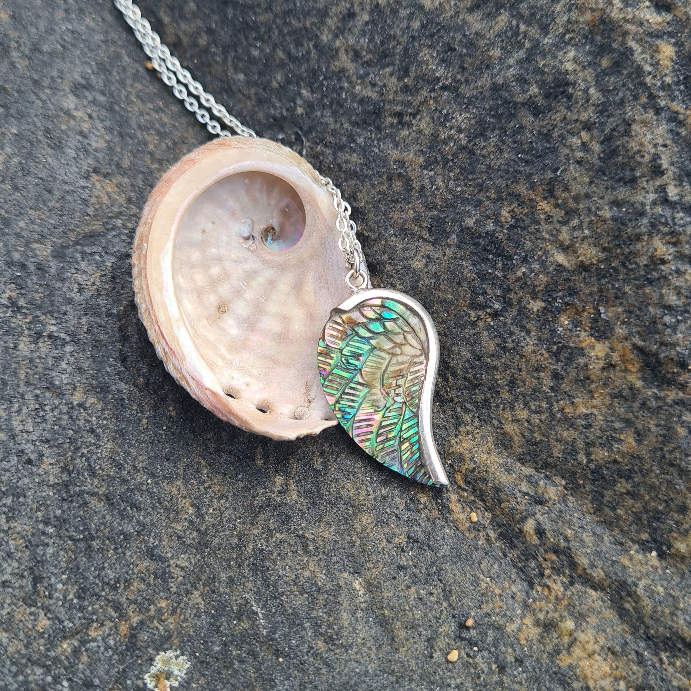 Mini Angel Wing Necklace in Paua - front