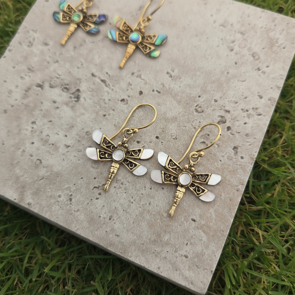 Mini Golden Pearl Dragonfly Earrings by FeatherTribe