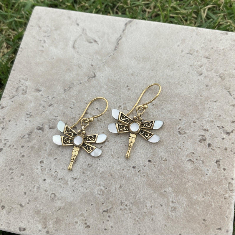 Mini Golden Pearl Dragonfly Earrings by FeatherTribe