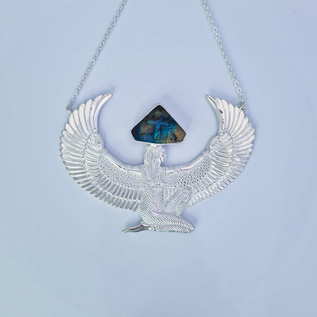 Premium Large Silver Isis Goddess Necklace with Labradorite with hand-carved Ankh - FeatherTribe