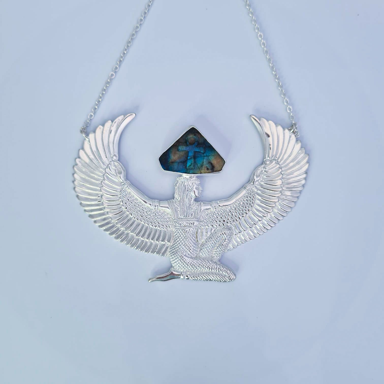 Premium Large Silver Isis Goddess Necklace with Labradorite with hand-carved Ankh - FeatherTribe