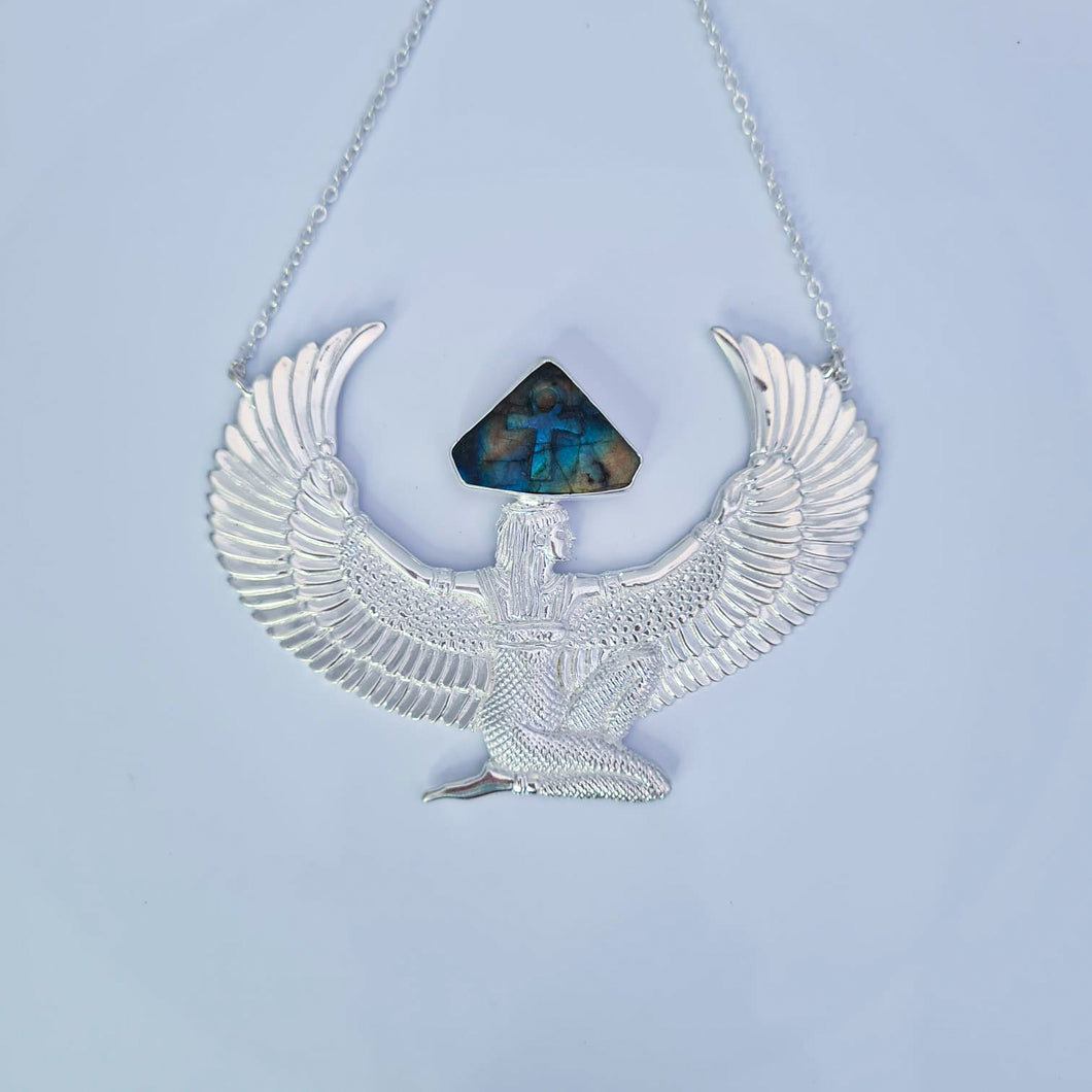 Premium Large Silver Isis Goddess Necklace with Labradorite with hand-carved Ankh
