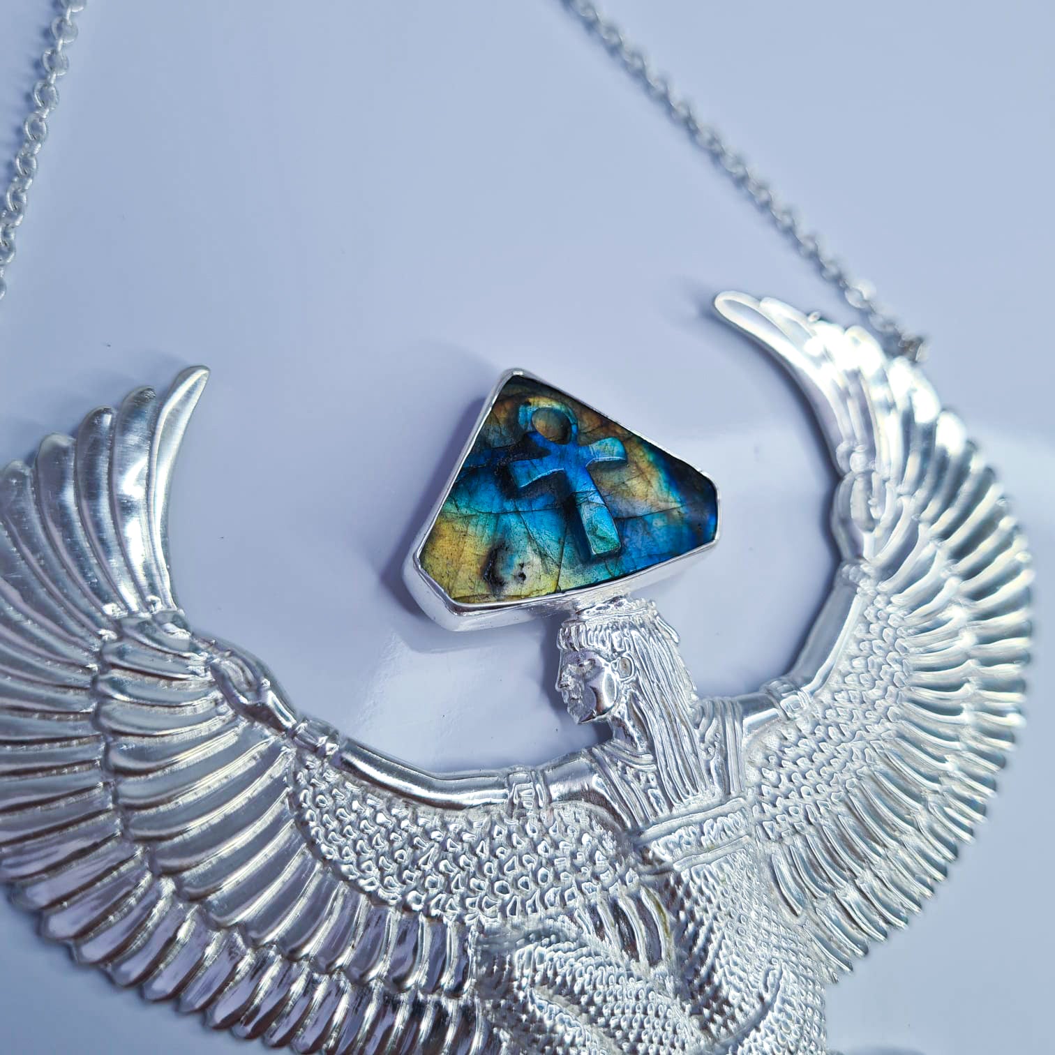 Premium Large Silver Isis Goddess Necklace with Labradorite with hand-carved Ankh - FeatherTribe
