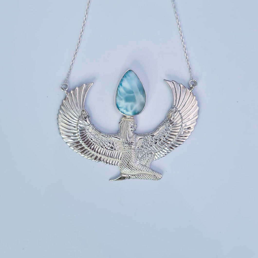 Premium Medium Sterling Silver Isis Goddess Necklace with Larimar