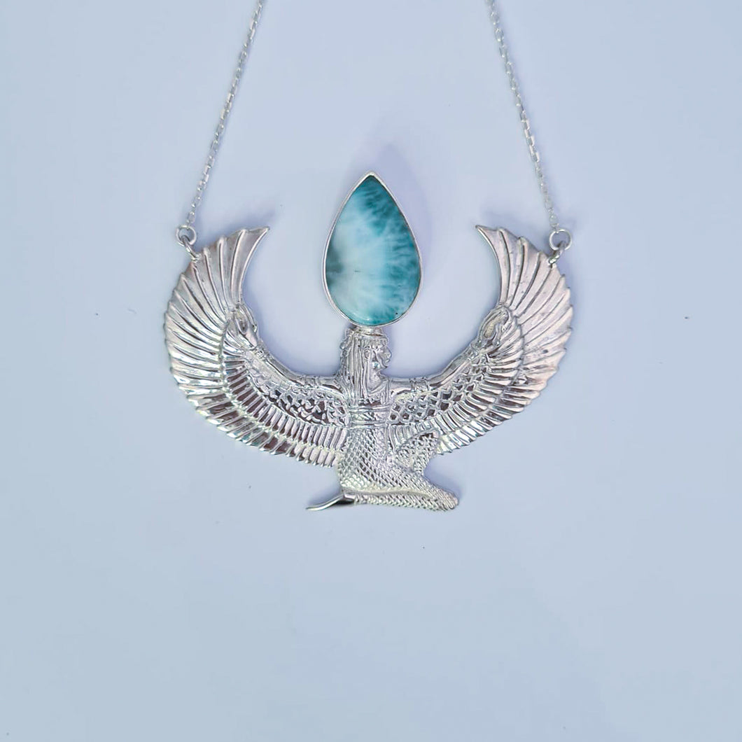 Premium Medium Sterling Silver Isis Goddess Necklace with Larimar