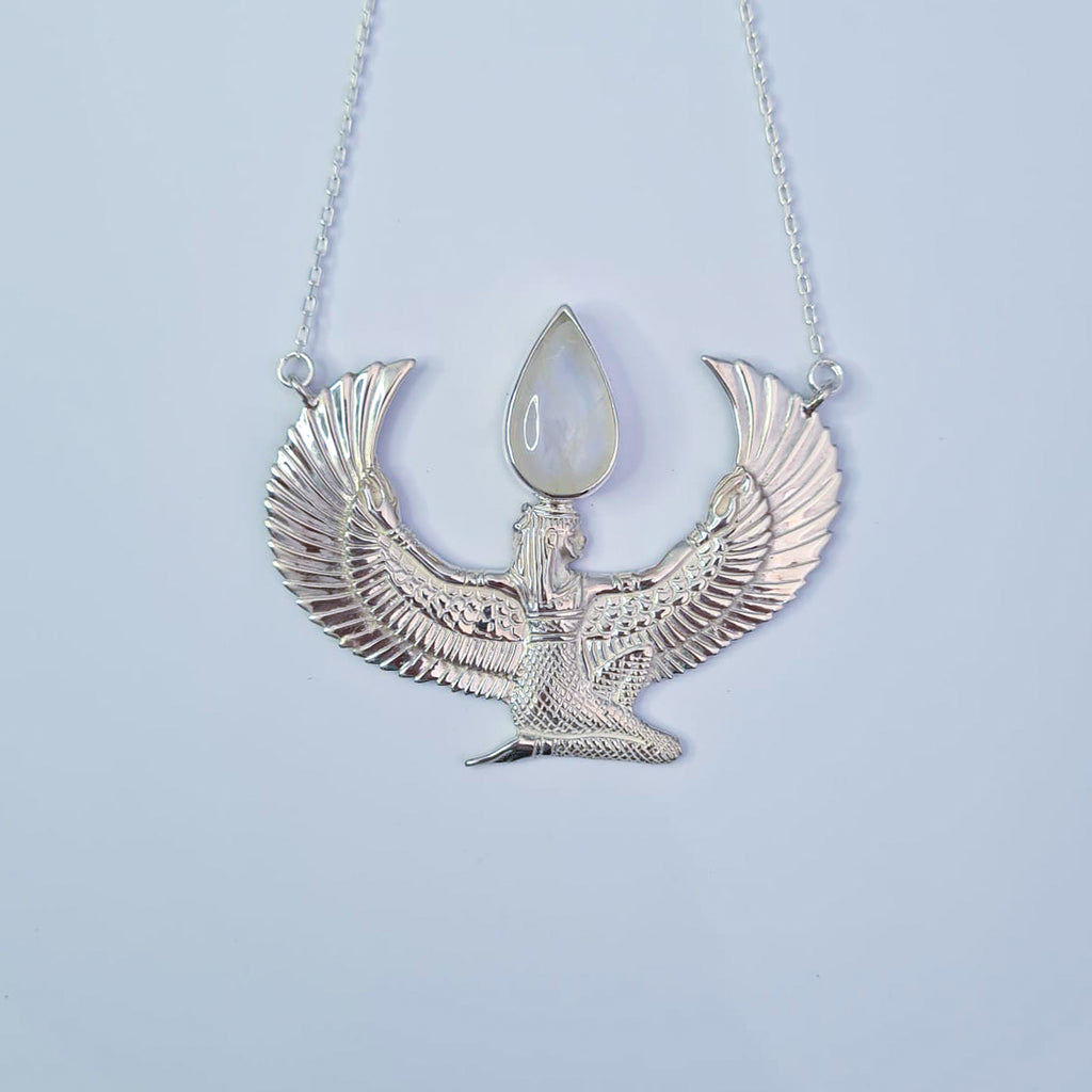 Premium Medium Sterling Silver Isis Goddess Necklace with Moonstone - FeatherTribe