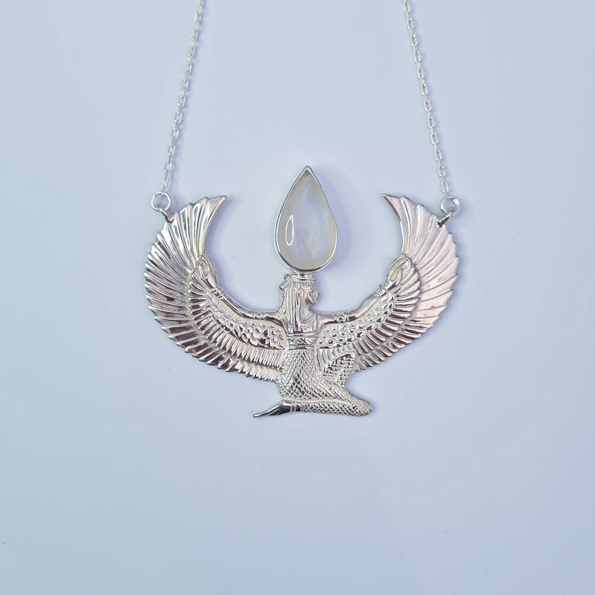 Premium Medium Sterling Silver Isis Goddess Necklace with Moonstone - FeatherTribe
