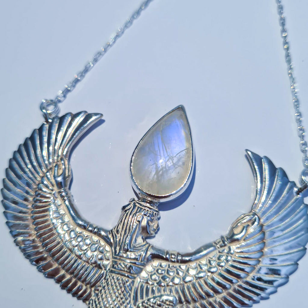 Premium Medium Sterling Silver Isis Goddess Necklace with Moonstone - FeatherTribe