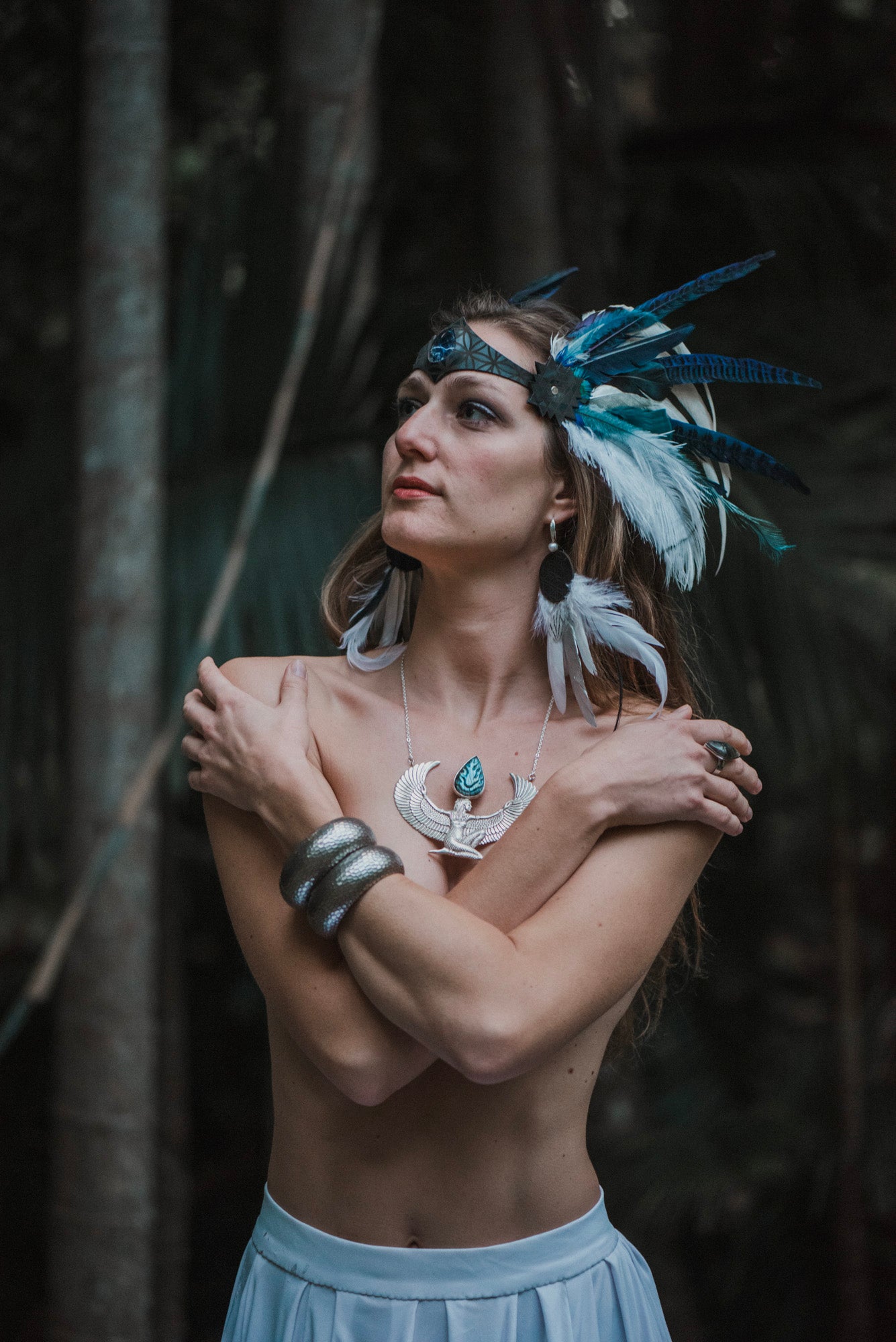 Premium Large Silver Isis Goddess Necklace with Labradorite with hand-carved Ankh - FeatherTribe