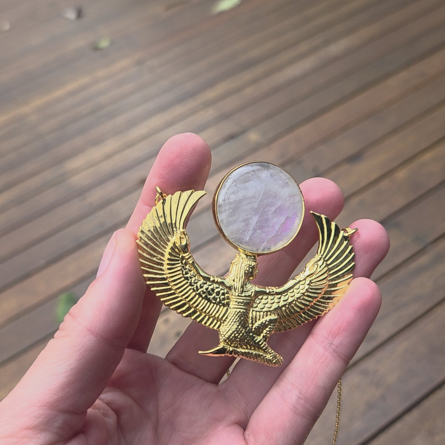 Premium Medium Gold Isis Goddess Necklace with Moonstone
