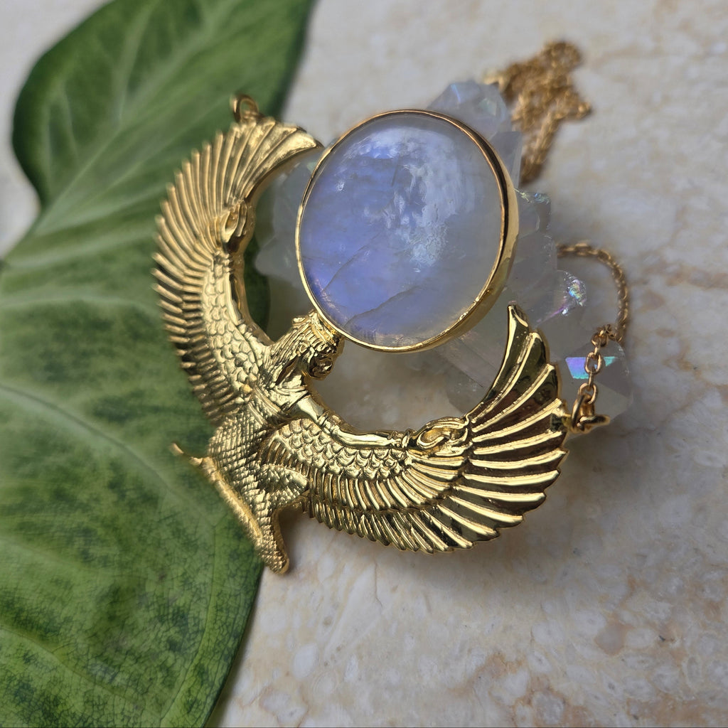 Premium Medium Gold Isis Goddess Necklace with Moonstone