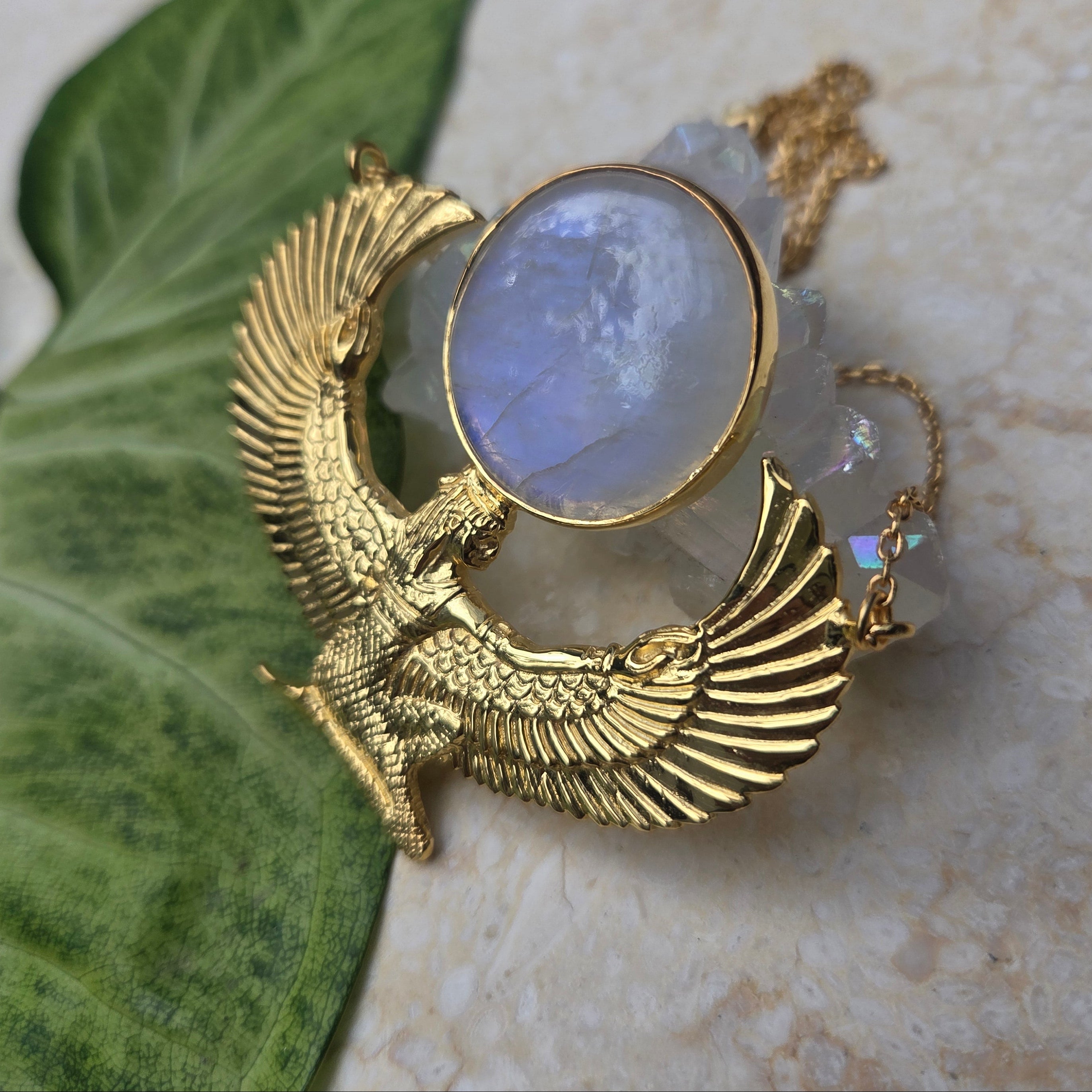 Premium Medium Gold Isis Goddess Necklace with Moonstone