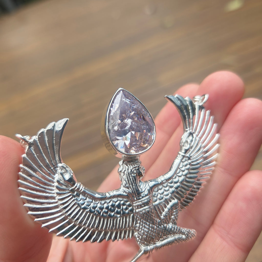 Premium Medium Silver Isis Goddess Necklace with Zircon - Feather Tribe