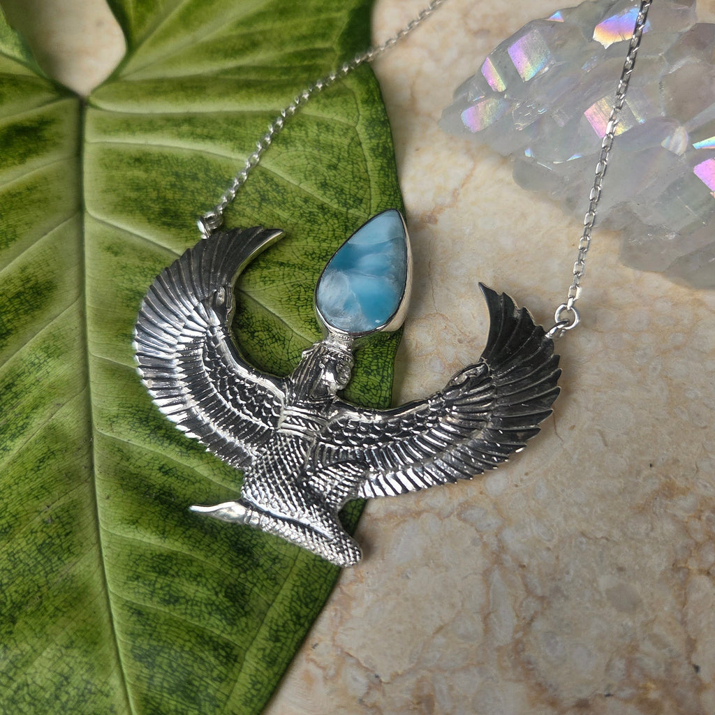 Premium Medium Silver Isis Goddess Necklace with Larimar