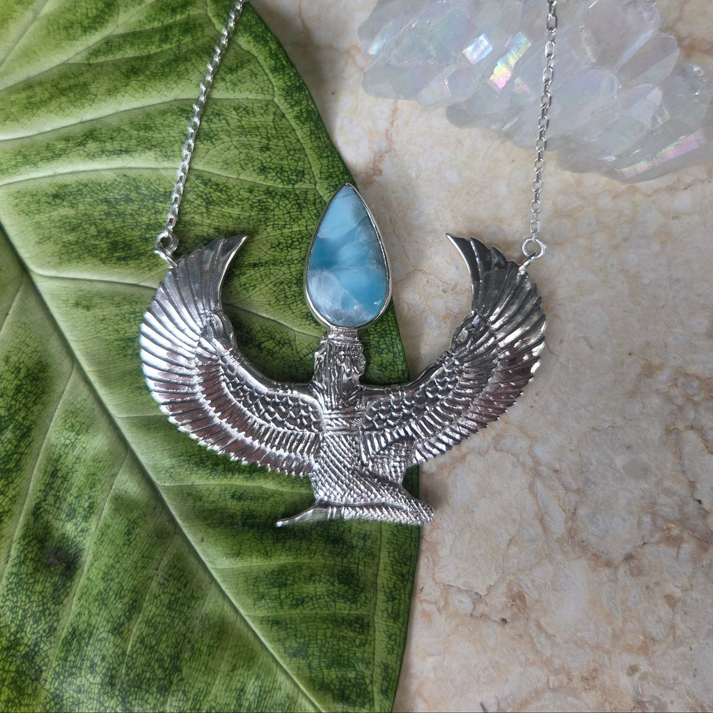 Premium Medium Silver Isis Goddess Necklace with Larimar