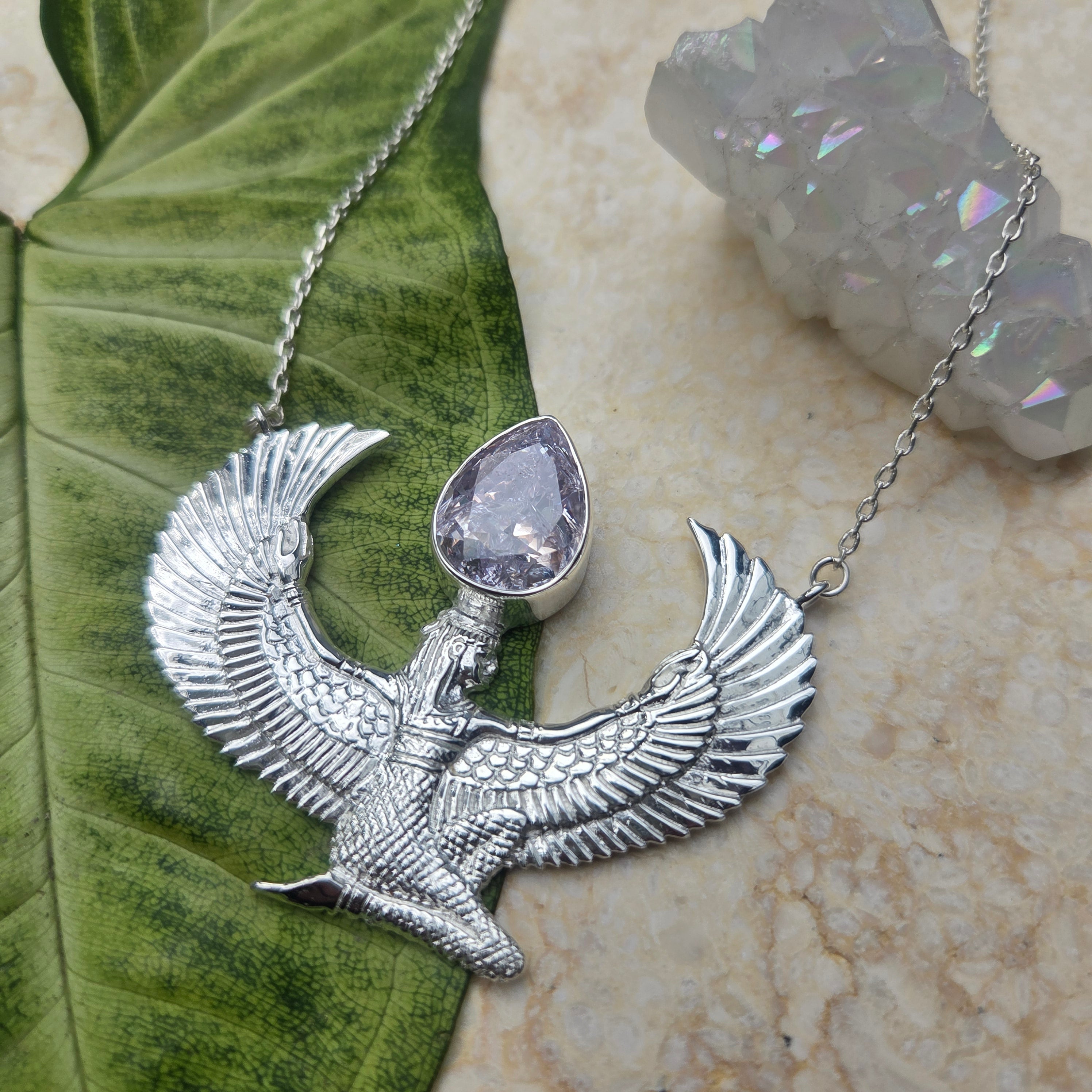 Premium Medium Silver Isis Goddess Necklace with Zircon - Feather Tribe