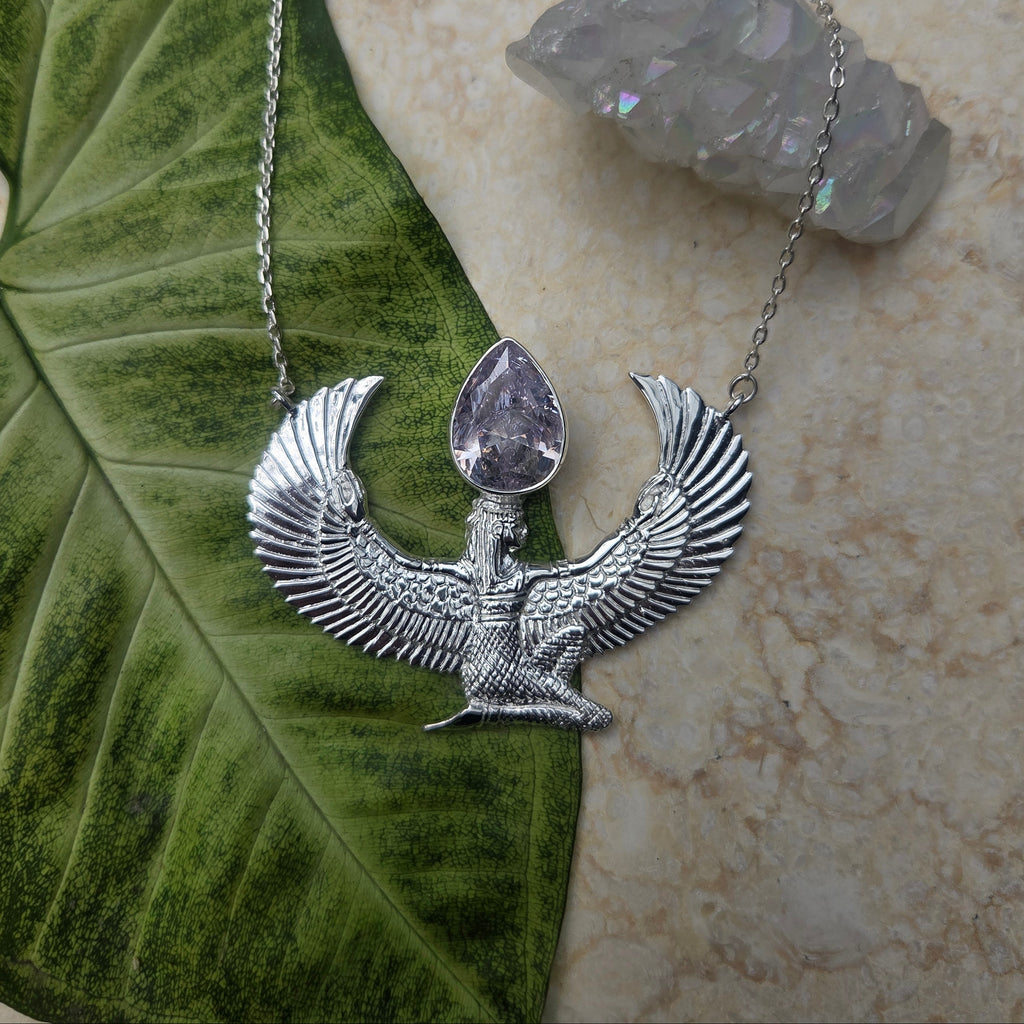 Premium Medium Silver Isis Goddess Necklace with Zircon - Feather Tribe