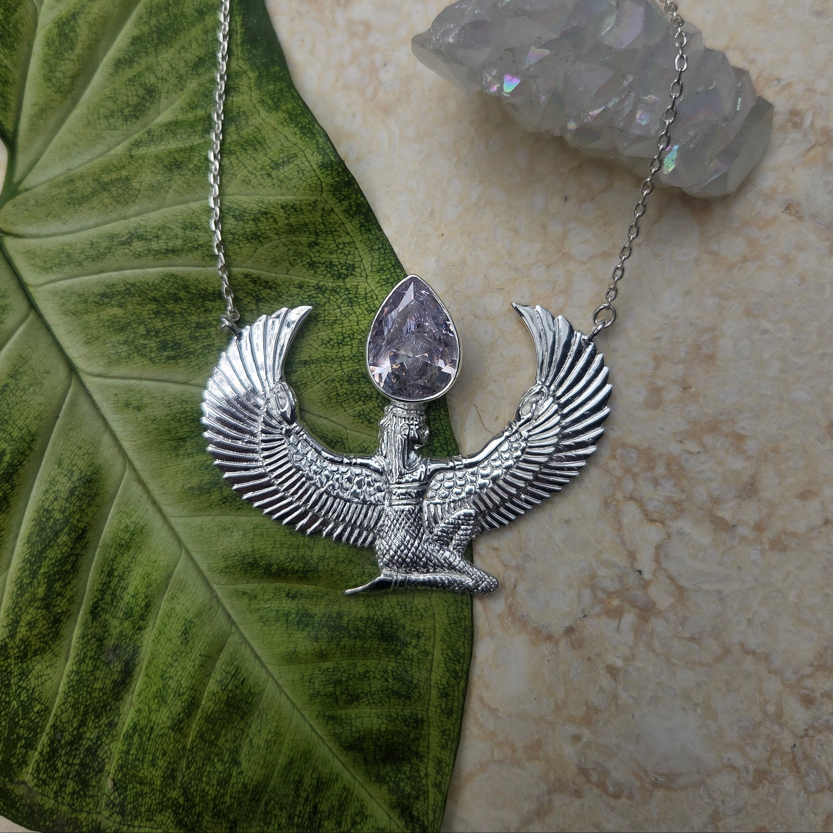 Premium Medium Silver Isis Goddess Necklace with Zircon - Feather Tribe