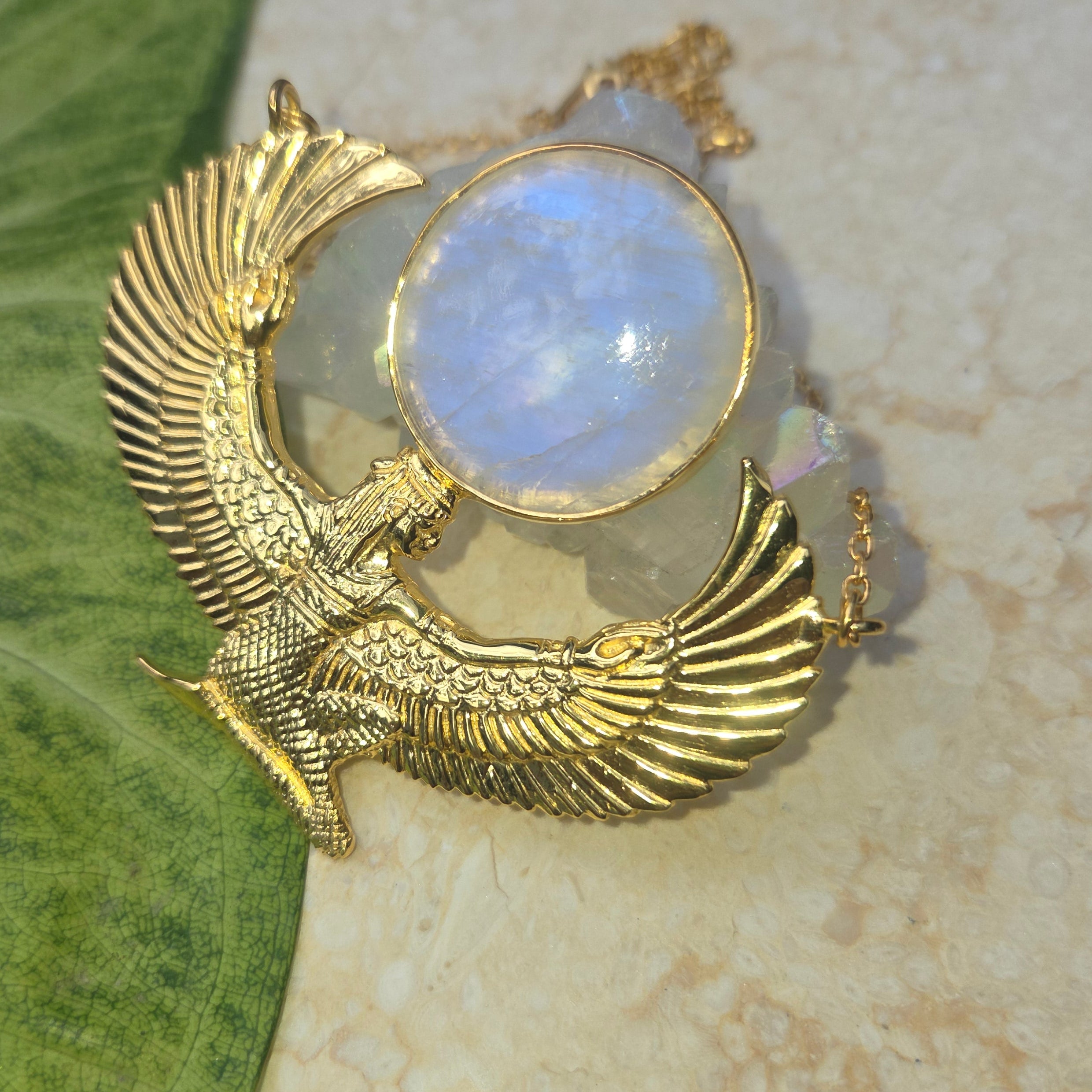 Premium Medium Gold Isis Goddess Necklace with Moonstone