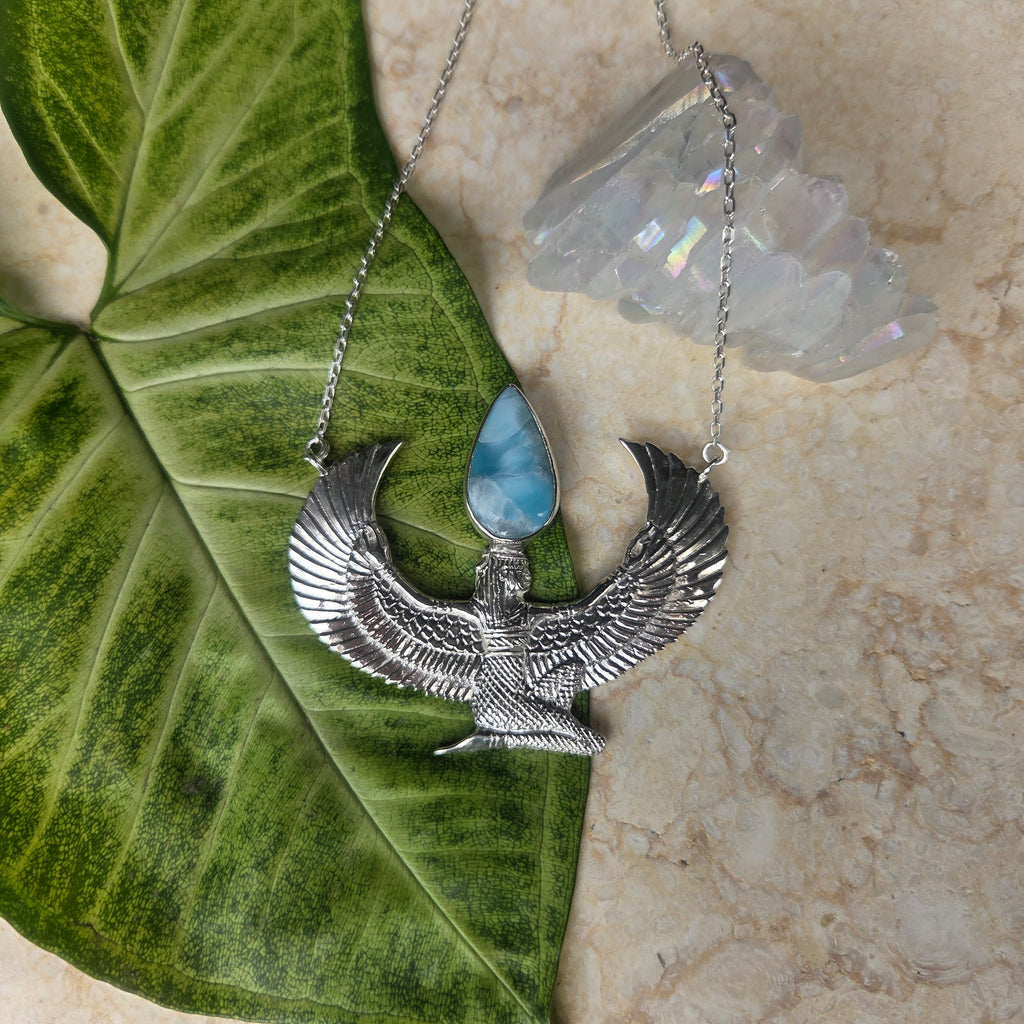 Premium Medium Silver Isis Goddess Necklace with Larimar