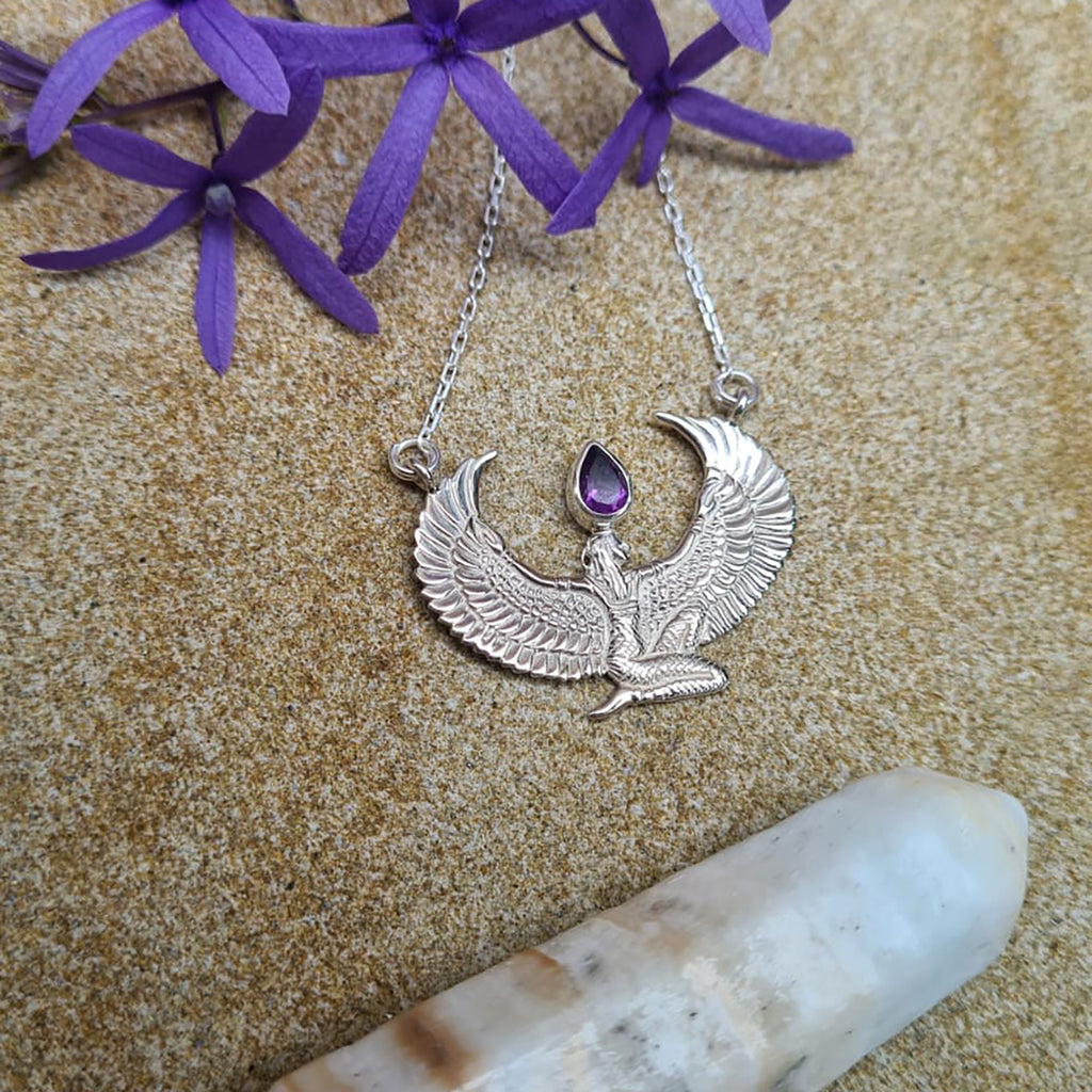 Small Amethyst Silver Isis Goddess Necklace or Headpiece - FeatherTribe