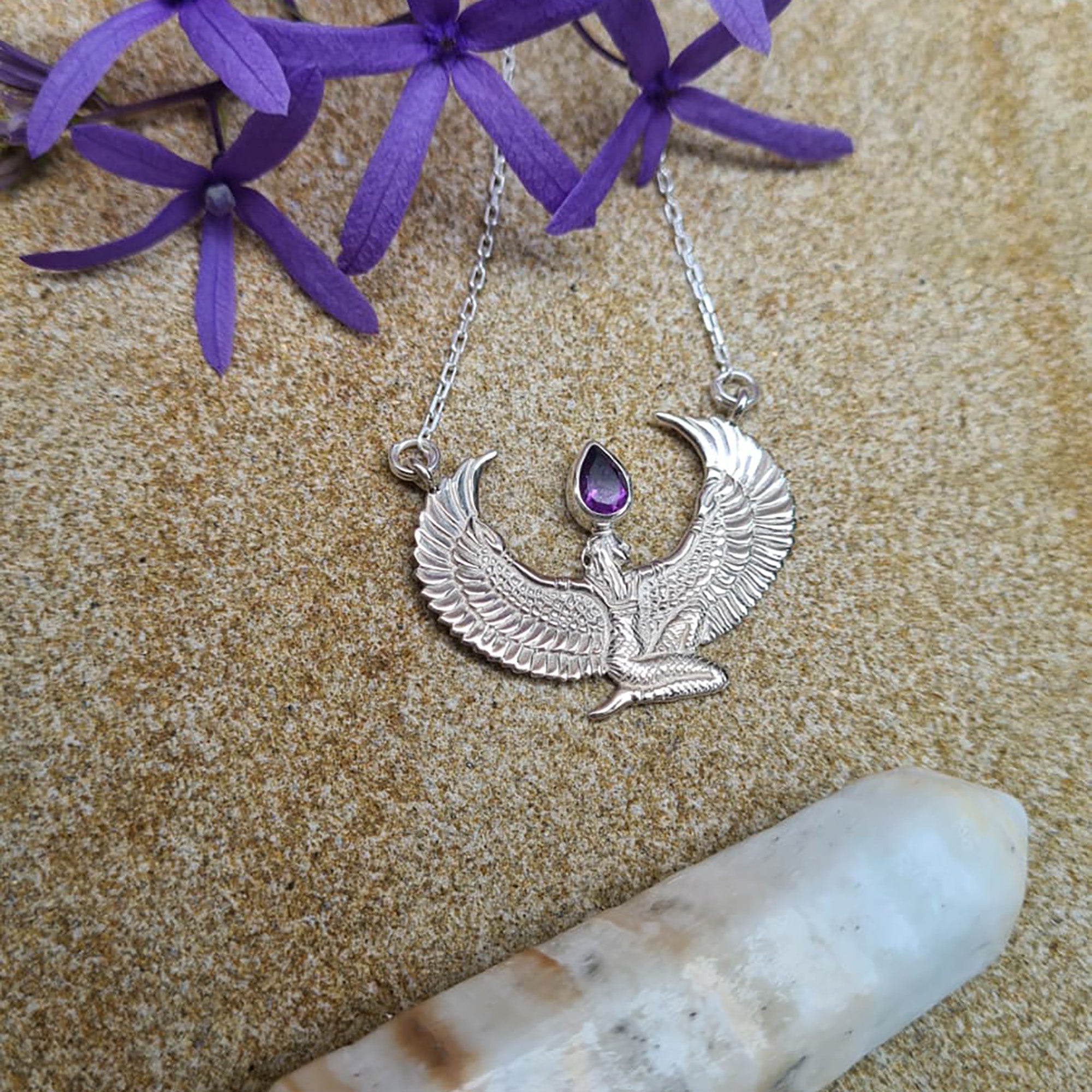 Small Amethyst Silver Isis Goddess Necklace or Headpiece - FeatherTribe